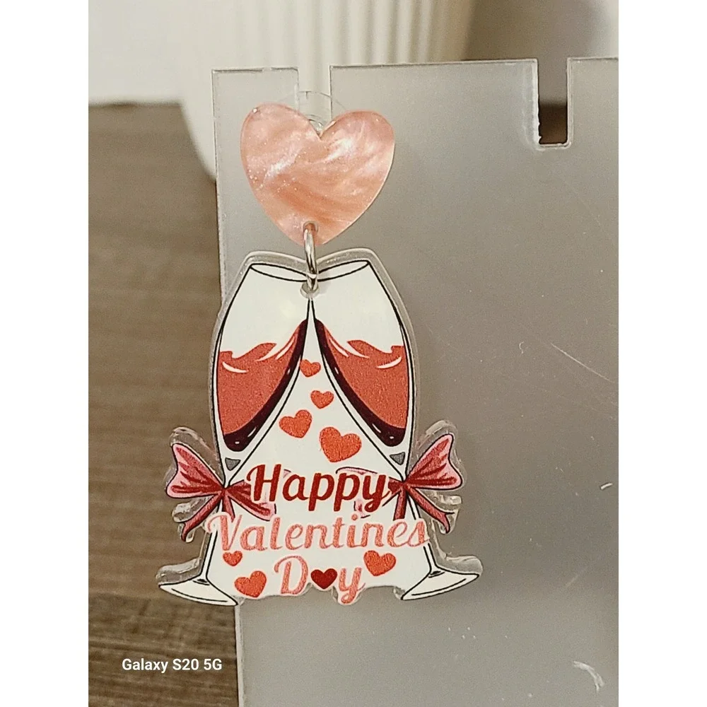 Happy Valentine Day Champagne Glass Heart Dangle Earrings NEW‎ Holiday Women's